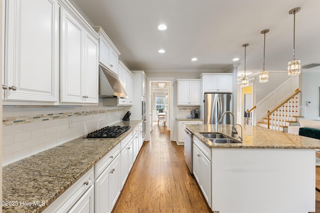 1025 Anchors Bend Way, Wilmington, NC 28411 - kitchen with under cabinet range hood, appliances with stainless steel finishes, a sink, crown molding, and light wood-style floors