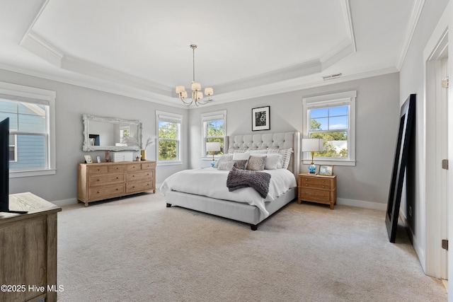 1025 Anchors Bend Way, Wilmington, NC 28411 - bedroom with a raised ceiling, crown molding, a chandelier, light colored carpet, and multiple windows