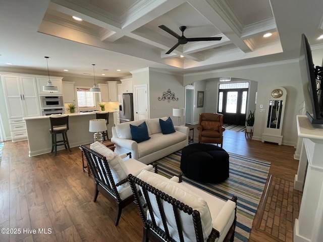 1325 Grandiflora Dr, Leland, NC 28451 - living area with a ceiling fan, arched walkways, dark wood-type flooring, and beamed ceiling