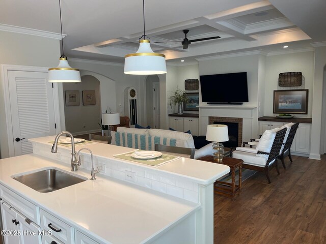 1325 Grandiflora Dr, Leland, NC 28451 - kitchen featuring dark wood-style floors, a sink, coffered ceiling, and ceiling fan