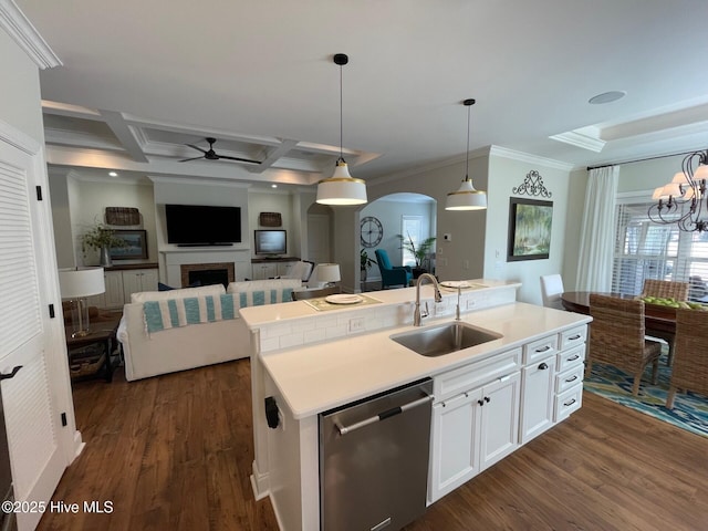 1325 Grandiflora Dr, Leland, NC 28451 - kitchen featuring coffered ceiling, a sink, stainless steel dishwasher, dark wood finished floors, and arched walkways