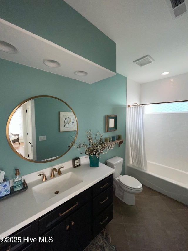 1325 Grandiflora Dr, Leland, NC 28451 - full bath with tile patterned floors, toilet, vanity, visible vents, and shower / bath combination with curtain
