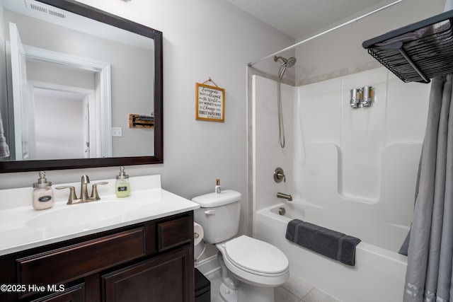 full bathroom featuring visible vents, toilet, shower / tub combo, and vanity