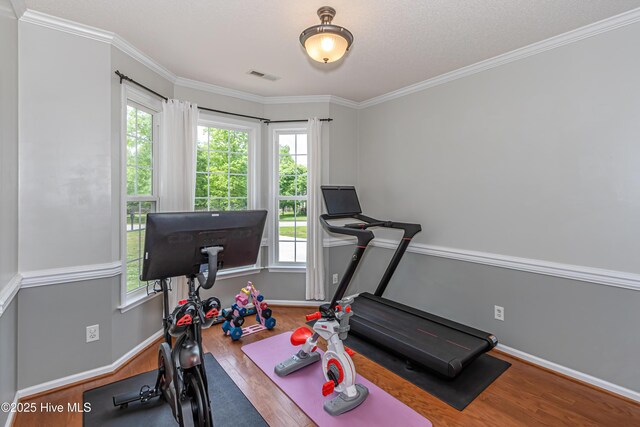 workout room with plenty of natural light, wood finished floors, and visible vents