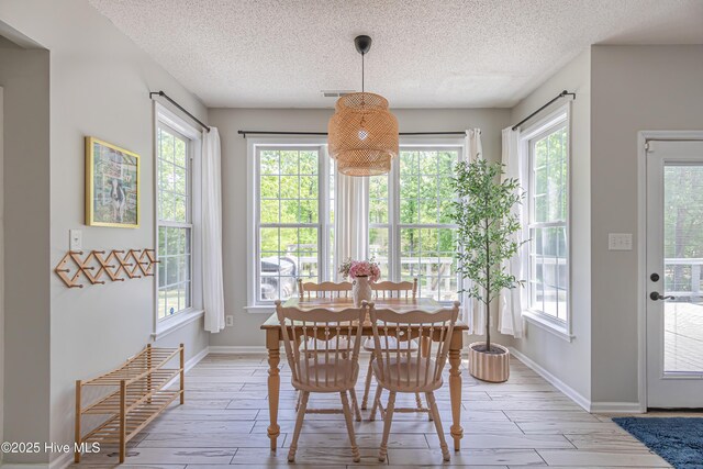 dining space featuring baseboards, a textured ceiling, light wood finished floors, and a wealth of natural light