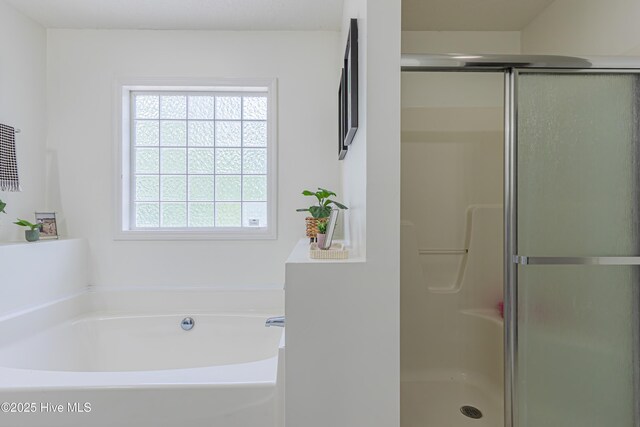 full bathroom with a garden tub, a healthy amount of sunlight, and a shower stall