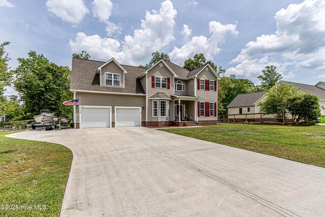 view of front of home featuring a garage, a shingled roof, concrete driveway, and a front lawn
