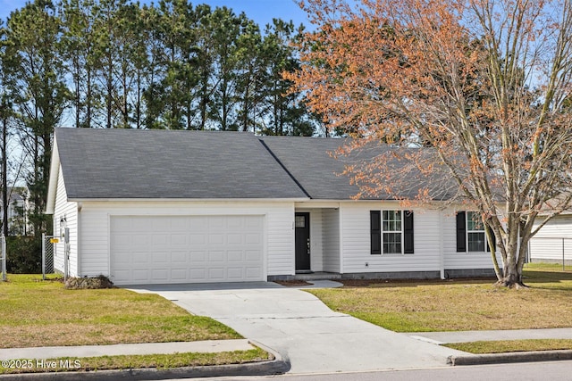 ranch-style home featuring a front yard, concrete driveway, a garage, and a shingled roof