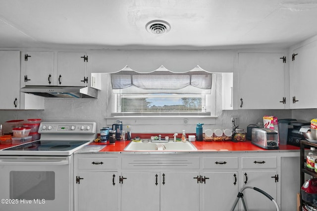 5635 Mckendree Church Rd, Tarboro, NC 27886 - kitchen featuring white cabinetry, visible vents, under cabinet range hood, a sink, and electric stove
