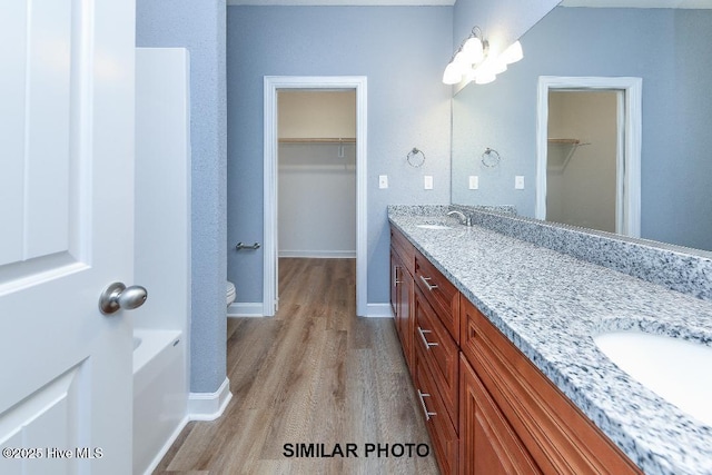 full bathroom featuring double vanity, a walk in closet, and a sink