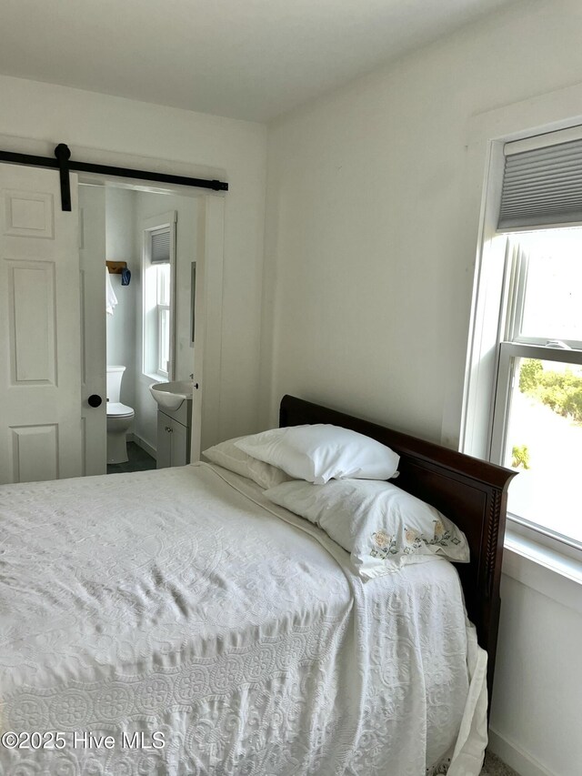 bedroom with a barn door and ensuite bath