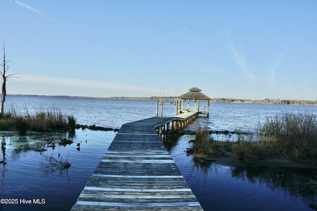dock area with boat lift and a water view