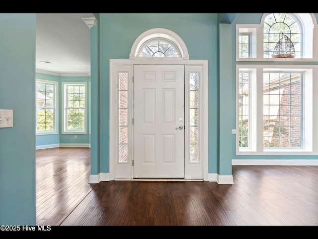 4404 Gauntlet Dr SE, Southport, NC 28461 - foyer entrance with baseboards, dark wood-style floors, and ornamental molding