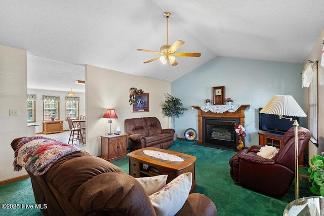 201 Cantle Ct, Jacksonville, NC 28540 - carpeted living room featuring vaulted ceiling, a glass covered fireplace, and ceiling fan