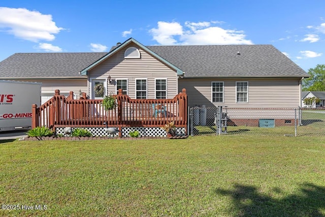 201 Cantle Ct, Jacksonville, NC 28540 - rear view of property with crawl space, a lawn, a deck, a fenced backyard, and roof with shingles