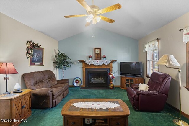 201 Cantle Ct, Jacksonville, NC 28540 - living room with carpet, vaulted ceiling, a ceiling fan, baseboards, and a fireplace