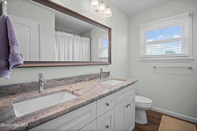full bath with toilet, a sink, and a healthy amount of sunlight