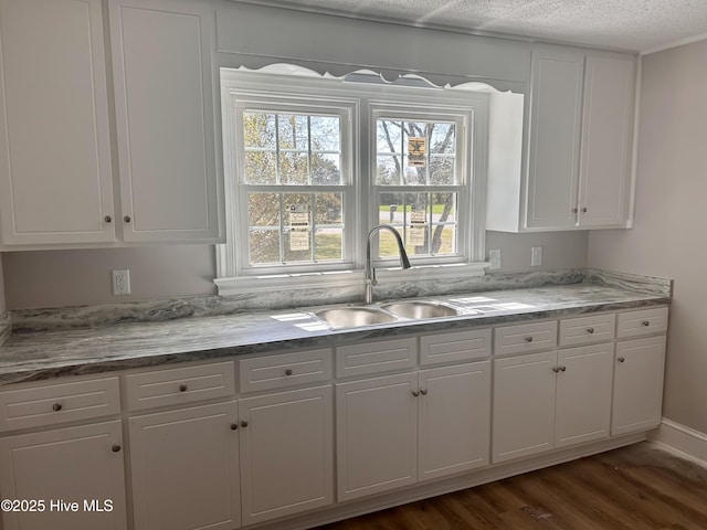 kitchen with white cabinets, a sink, dark wood-style flooring, and a textured ceiling