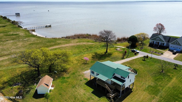 aerial view featuring a water view