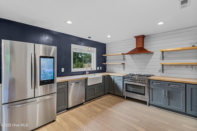kitchen with butcher block counters, visible vents, a sink, open shelves, and appliances with stainless steel finishes
