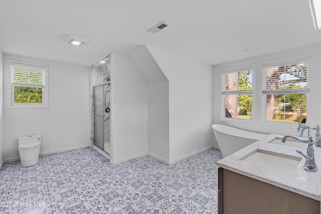 bathroom featuring a sink, a healthy amount of sunlight, a stall shower, and visible vents