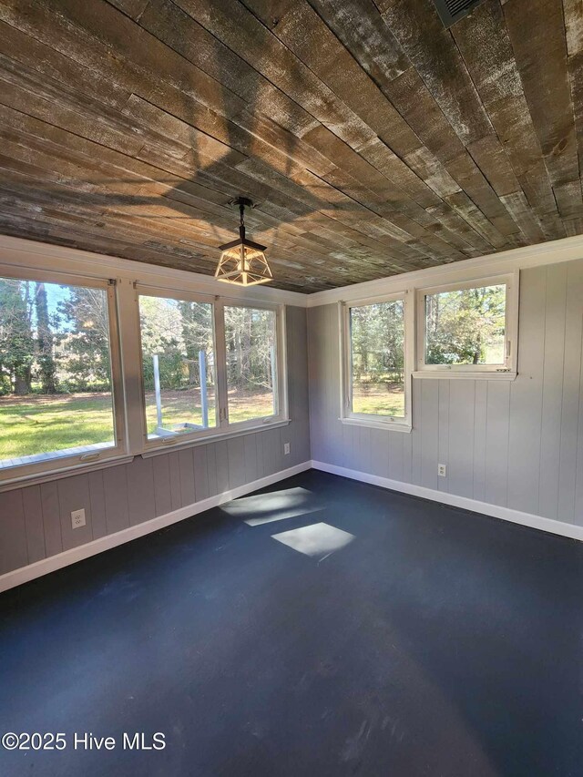 106 Hunters Trl E, Elizabeth City, NC 27909 - unfurnished sunroom featuring concrete flooring, wooden ceiling, and baseboards
