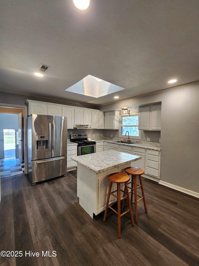 106 Hunters Trl E, Elizabeth City, NC 27909 - kitchen featuring a sink, a skylight, stainless steel appliances, visible vents, and dark wood-style flooring