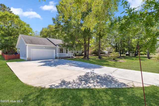 view of front of house featuring a garage, a front lawn, fence, roof with shingles, and concrete driveway