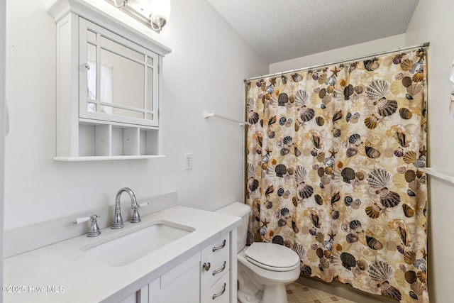 full bath featuring vanity, a textured ceiling, a shower with shower curtain, and toilet