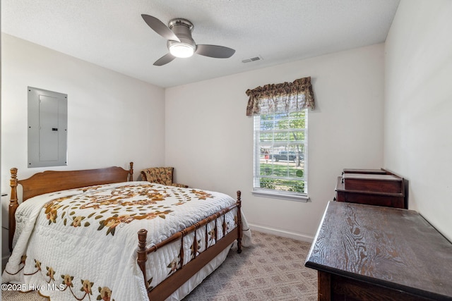 bedroom with light carpet, a ceiling fan, baseboards, visible vents, and electric panel