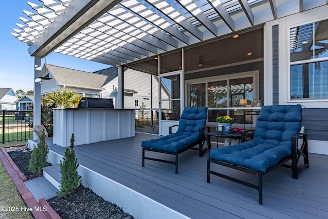 266 Twining Rose Ln, Holly Ridge, NC 28445 - deck featuring fence, a pergola, and ceiling fan