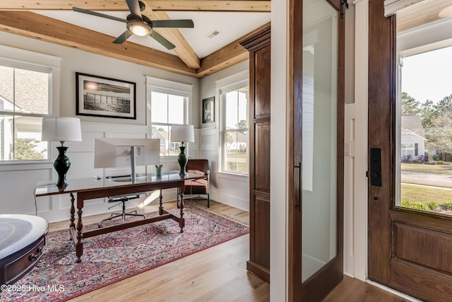 266 Twining Rose Ln, Holly Ridge, NC 28445 - office space featuring ceiling fan, wood finished floors, and visible vents