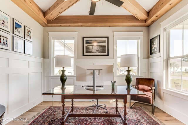 266 Twining Rose Ln, Holly Ridge, NC 28445 - office space featuring beamed ceiling, wainscoting, light wood finished floors, and a decorative wall