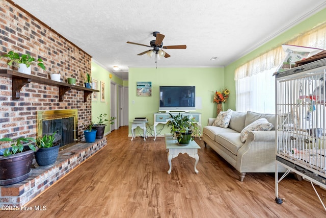 living area featuring a textured ceiling, crown molding, a brick fireplace, ceiling fan, and wood finished floors