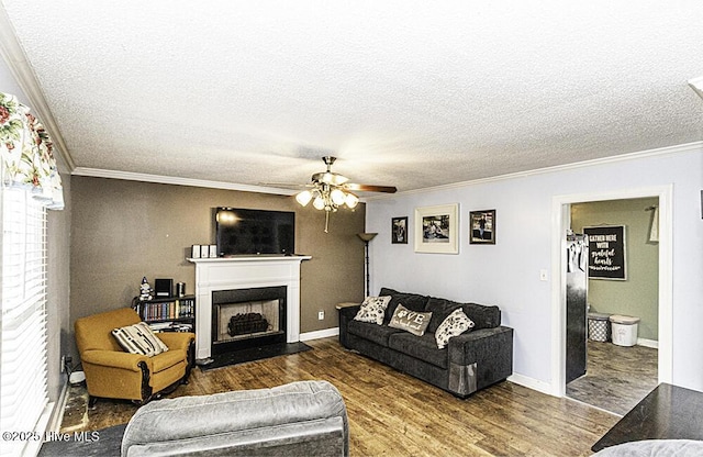 200 Emerson Dr, Rocky Mount, NC 27803 - living room featuring a fireplace with flush hearth, crown molding, wood finished floors, and ceiling fan