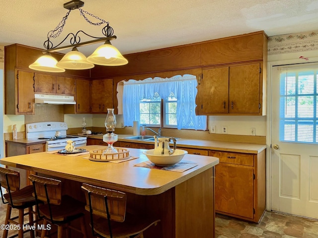 kitchen with white range with electric stovetop, under cabinet range hood, brown cabinetry, and a healthy amount of sunlight