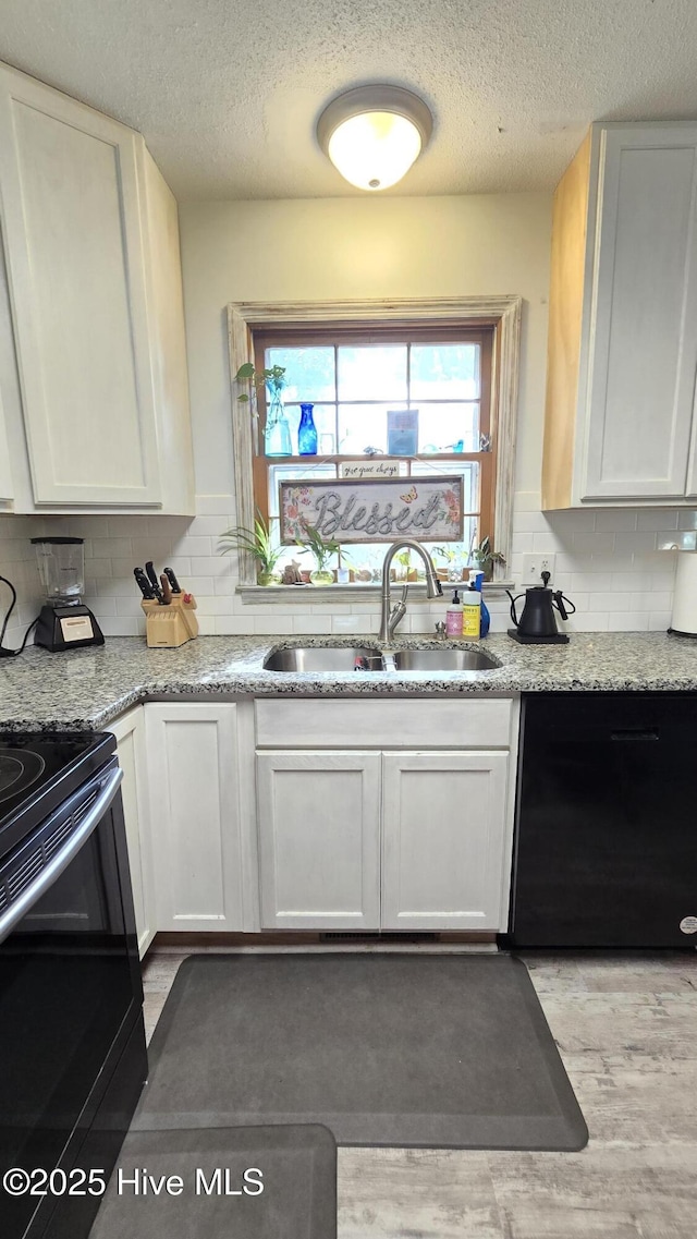 304 Mary Ave, Castle Hayne, NC 28429 - kitchen with a sink, a textured ceiling, white cabinetry, decorative backsplash, and electric range oven