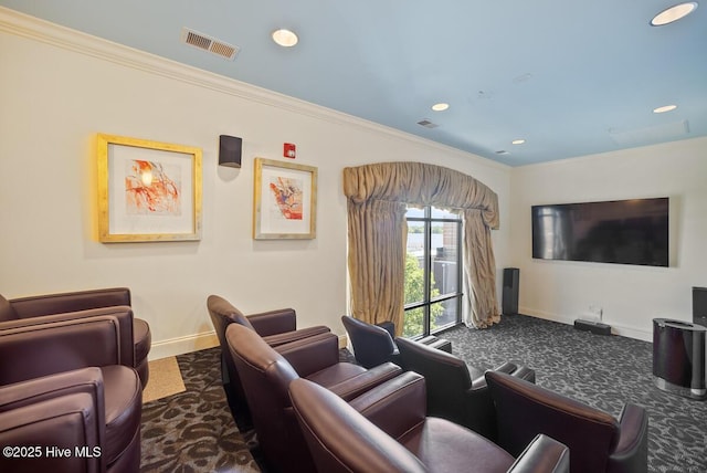cinema featuring carpet floors, baseboards, ornamental molding, and recessed lighting