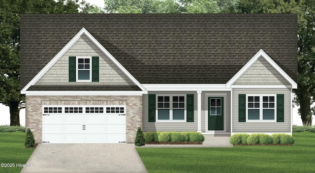 view of front of house with concrete driveway, a garage, and a front lawn