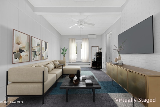 302 NE 60th St, Oak Island, NC 28465 - living area featuring a ceiling fan, a wall mounted air conditioner, carpet, and beamed ceiling