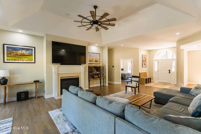 86 Sakonnet Trl, Pinehurst, NC 28374 - living room with ceiling fan, wood finished floors, a fireplace with flush hearth, baseboards, and recessed lighting
