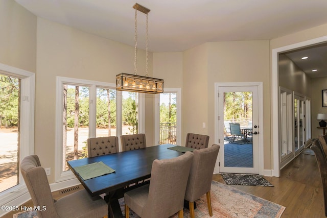 86 Sakonnet Trl, Pinehurst, NC 28374 - dining area with plenty of natural light, wood finished floors, a chandelier, baseboards, and a high ceiling
