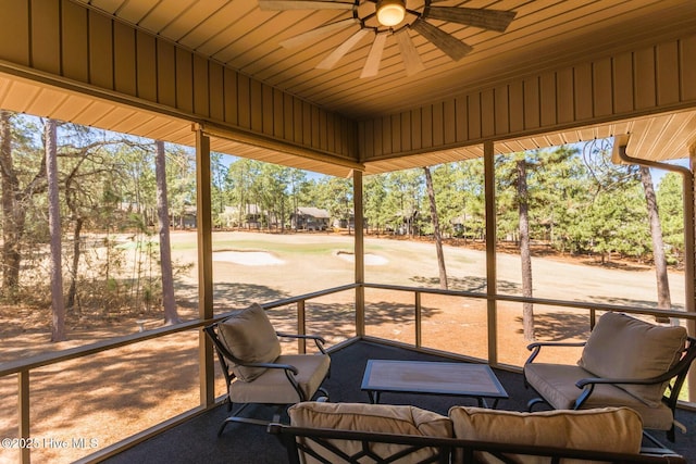 86 Sakonnet Trl, Pinehurst, NC 28374 - sunroom with a ceiling fan, view of scattered trees, and view of golf course