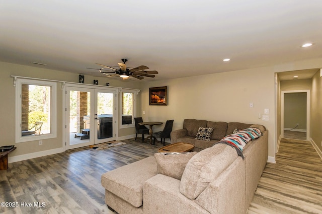 86 Sakonnet Trl, Pinehurst, NC 28374 - living area featuring baseboards, wood finished floors, french doors, ceiling fan, and recessed lighting