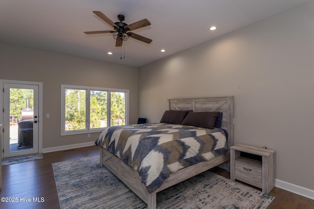 86 Sakonnet Trl, Pinehurst, NC 28374 - bedroom with access to exterior, recessed lighting, dark wood-style floors, baseboards, and a ceiling fan