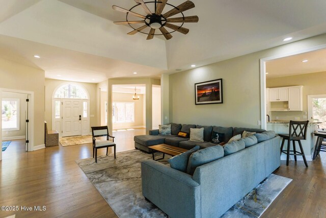 86 Sakonnet Trl, Pinehurst, NC 28374 - living area with healthy amount of natural light, dark wood-type flooring, a ceiling fan, and recessed lighting