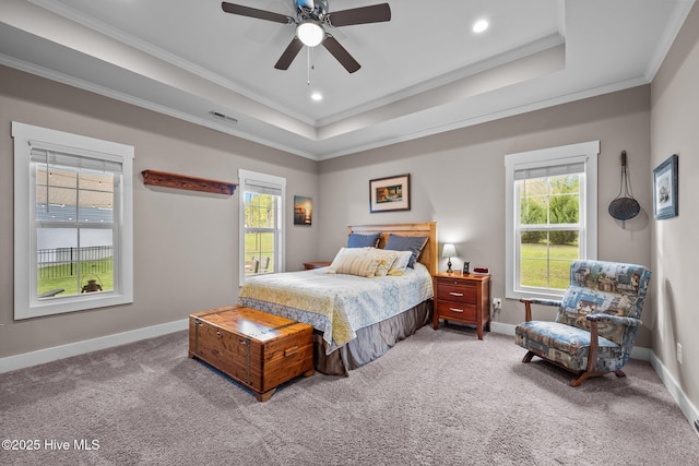442 Crows Nest Ln, Sneads Ferry, NC 28460 - carpeted bedroom with ornamental molding, baseboards, a raised ceiling, recessed lighting, and a ceiling fan