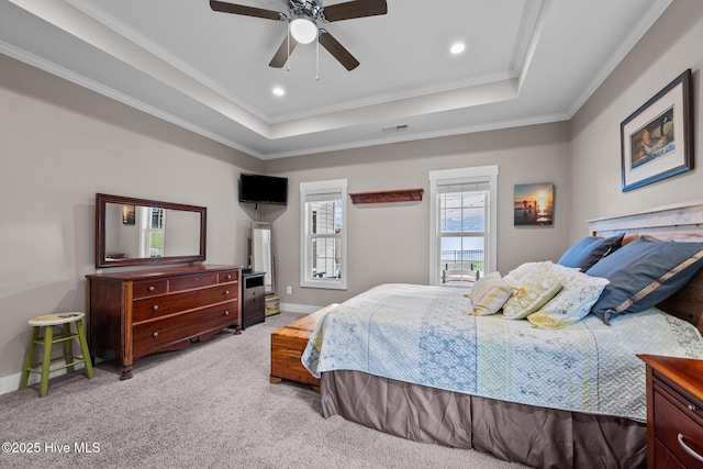 442 Crows Nest Ln, Sneads Ferry, NC 28460 - carpeted bedroom featuring a tray ceiling, crown molding, baseboards, recessed lighting, and ceiling fan