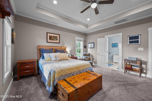 442 Crows Nest Ln, Sneads Ferry, NC 28460 - bedroom with carpet floors, crown molding, a raised ceiling, recessed lighting, and baseboards