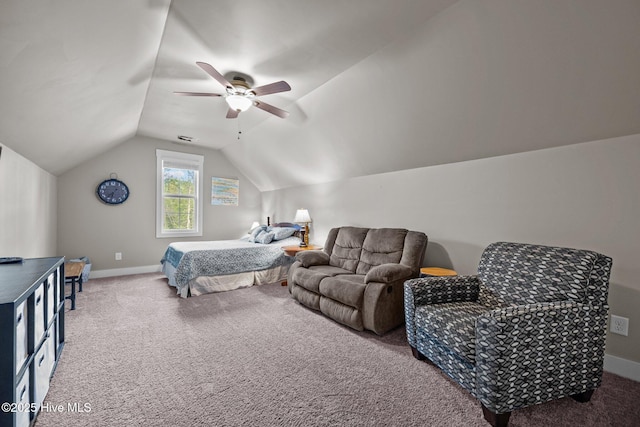 442 Crows Nest Ln, Sneads Ferry, NC 28460 - carpeted bedroom featuring vaulted ceiling, baseboards, and ceiling fan